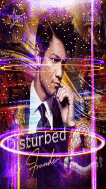 a man in a suit and tie is surrounded by purple lights and the words disturbed founder
