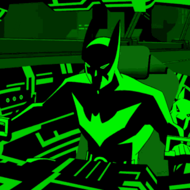 a black and green cartoon of batman in a dark room