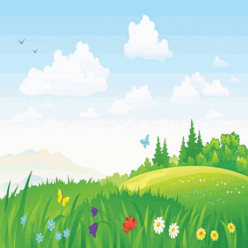 a cartoon illustration of flowers and butterflies in a field