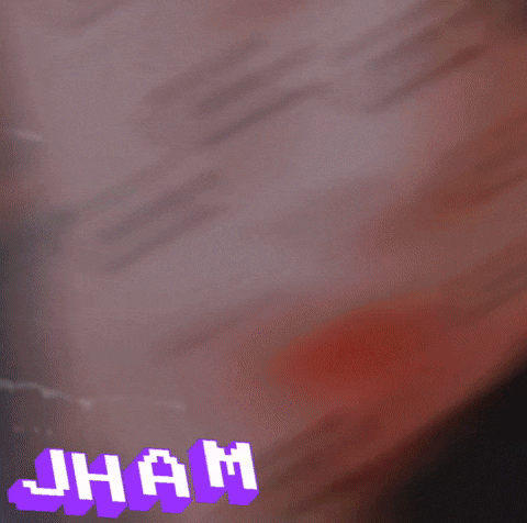 a blurred image of a person with the word jham in purple