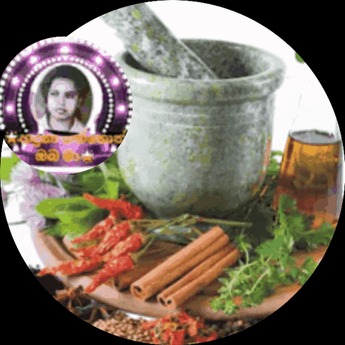 a mortar and pestle surrounded by spices and herbs