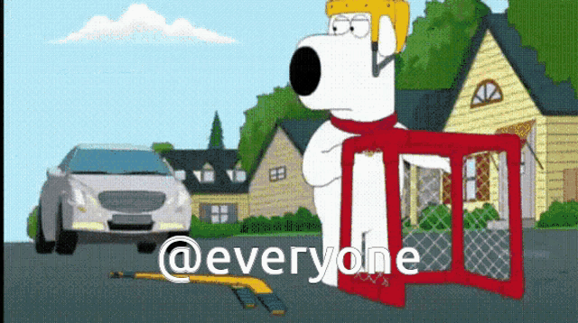 a cartoon of a dog holding a goalie net with the words " @everyone " on the bottom