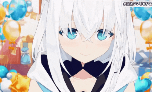 a girl with white hair and blue eyes is smiling in front of balloons and gifts .