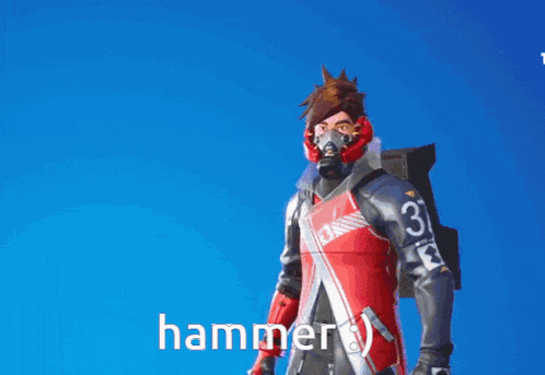 a man with the number 37 on his back is standing in front of a purple object that says hammer