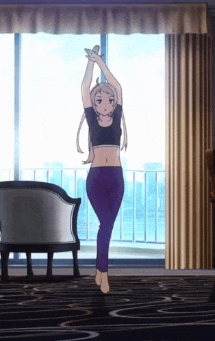 a cartoon girl is dancing in a living room