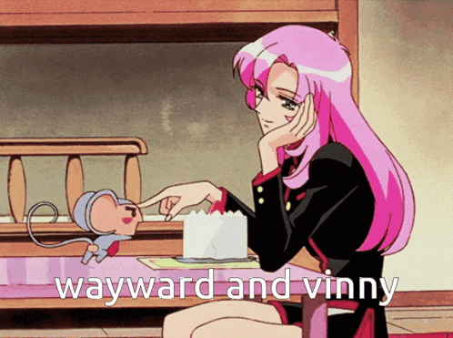 a girl with pink hair is sitting at a table with a mouse and the words wayward and vinny