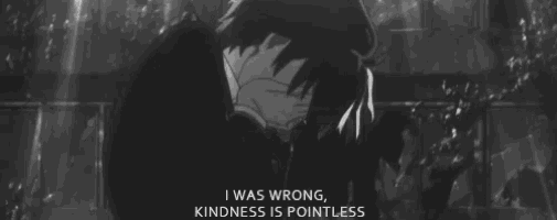 a black and white photo of a boy with a quote that says i was wrong kindness is pointless