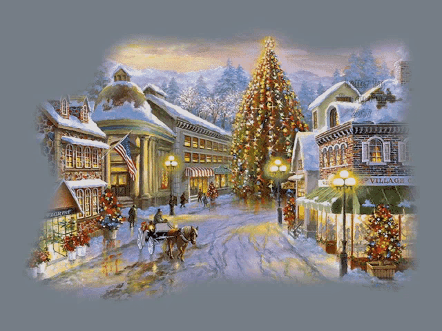 a painting of a christmas scene with a horse drawn carriage