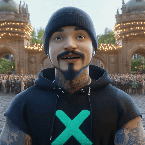 a man with a beard wearing a black hoodie with a green x on it