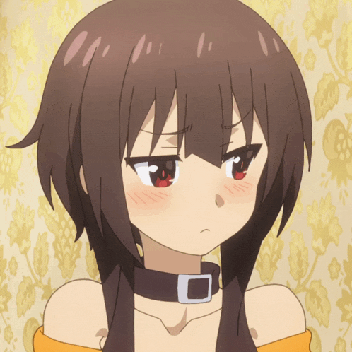 a girl with brown hair and red eyes is wearing a brown choker