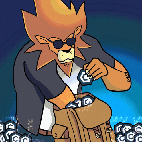 a cartoon of a lion wearing sunglasses and holding a bag full of coins