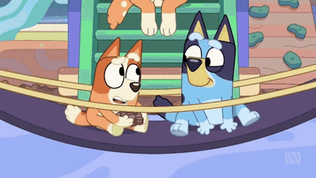 a cartoon of two dogs sitting on a rope with the letters abc on the bottom