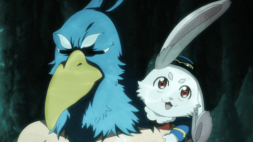 a blue bird with a yellow beak and a white rabbit with red eyes
