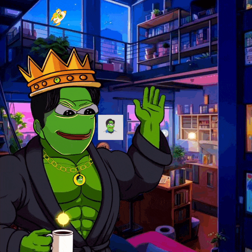 a cartoon of a green frog wearing a crown and holding a cup of coffee
