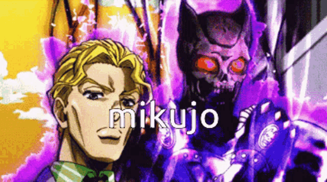 a cartoon of a man standing next to a skull with the name mikujo written on it .