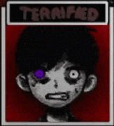 a black and white drawing of a boy with purple eyes and the words terrified on the bottom .