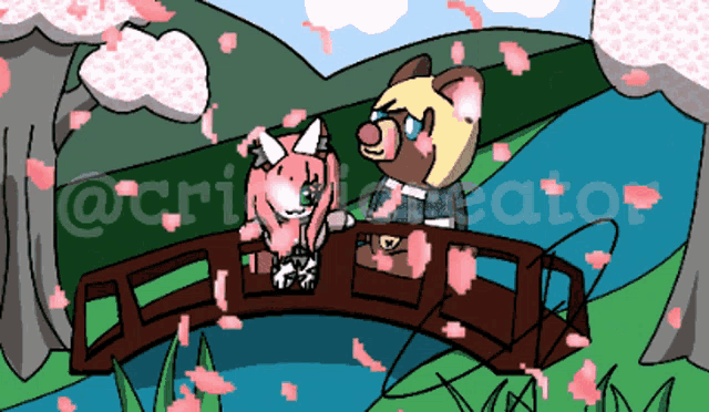 a cartoon drawing of two animals on a bridge with cherry blossoms falling around them