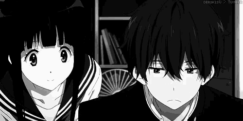 a black and white drawing of a boy and a girl looking at each other .