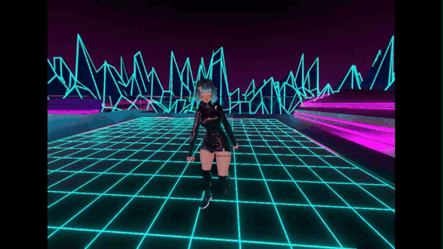 a girl is dancing on a neon grid with a purple background