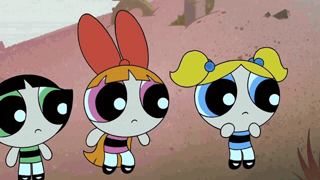 three cartoon characters are standing next to each other and one of them has a sad look on her face