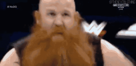 a bald man with a long red beard is standing in front of a wrestling ring .