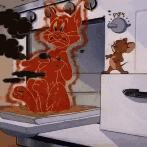 a cartoon of a cat and a mouse in an oven that says oven