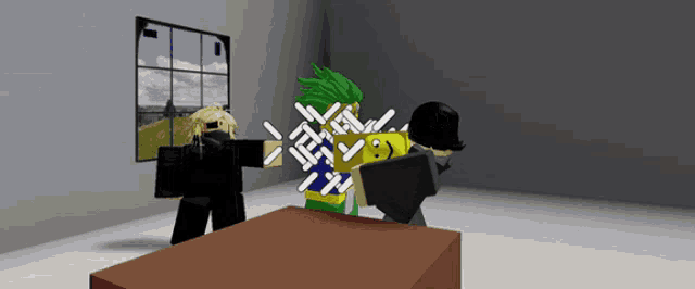a cartoon character with green hair is standing next to another cartoon character
