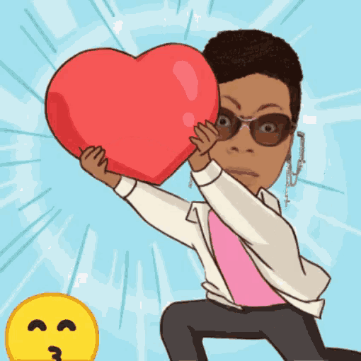 a man in sunglasses is holding a large red heart