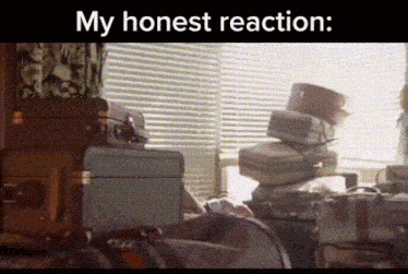 a bunch of suitcases are stacked on top of each other with the words my honest reaction