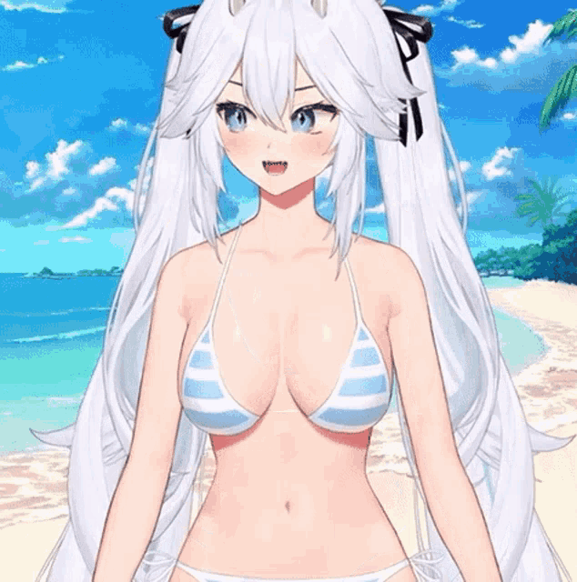 a girl with long white hair is wearing a blue and white bikini top