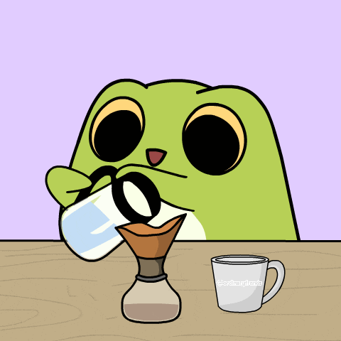 a frog is pouring water into a coffee filter