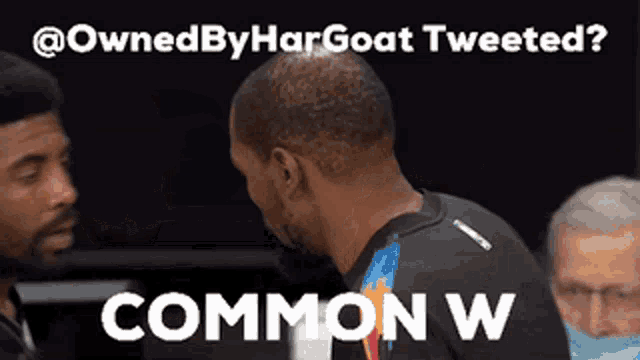 a basketball player talking to another player with the caption " owned by hargoat tweeted? common w "