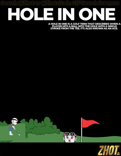 a cartoon of a girl playing golf with the words hole in one on the top