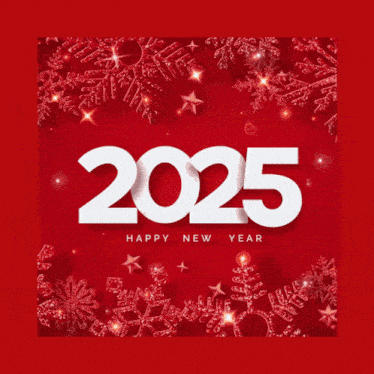 a red background with snowflakes and the year 2025 on it