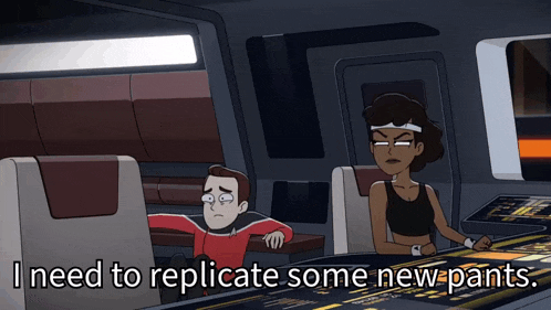a cartoon of a man and a woman sitting at a table with the words i need to replicate some new pants