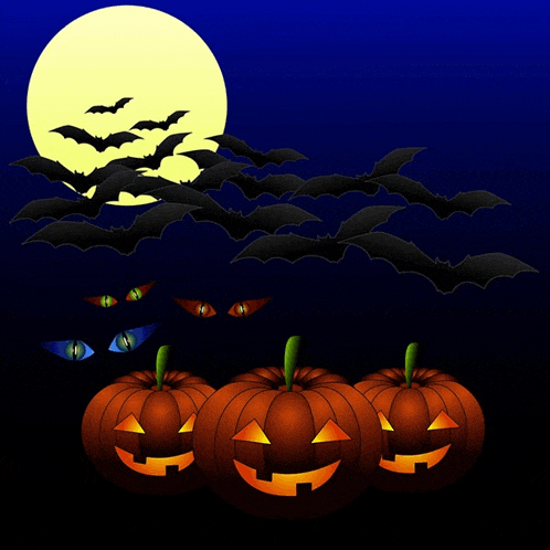 three halloween pumpkins are lit up in front of a full moon
