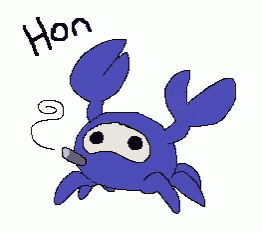 a drawing of a blue crab with a cigarette and the word hon above it
