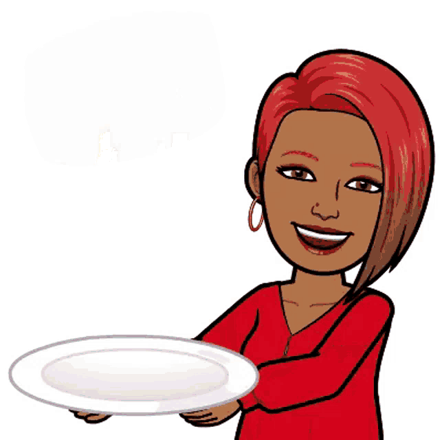 a woman in a red shirt is holding a plate