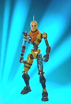 a yellow robot is standing on a blue background .