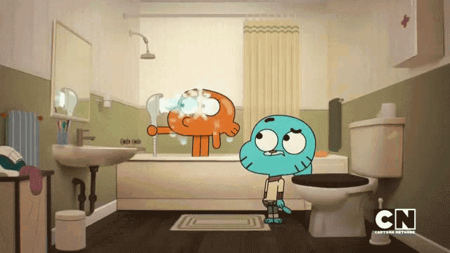 two cartoon characters in a bathroom with the cn logo