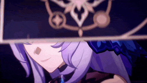 a close up of a purple haired anime character with a circle in the background