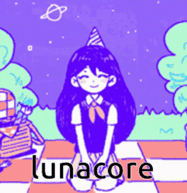 a girl with a party hat is sitting on a checkered floor with lunacore written on it
