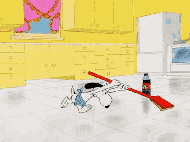 a cartoon of snoopy sweeping the floor with a bottle of coca cola in the background