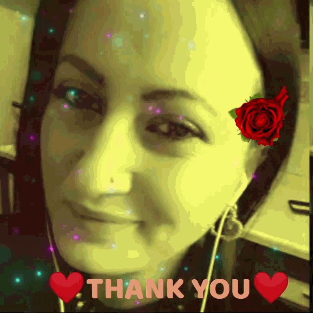 a woman with a red rose on her forehead and the words thank you below her
