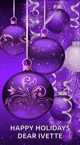 purple and pink christmas ornaments hanging from ribbons with the words happy holidays dear ivette