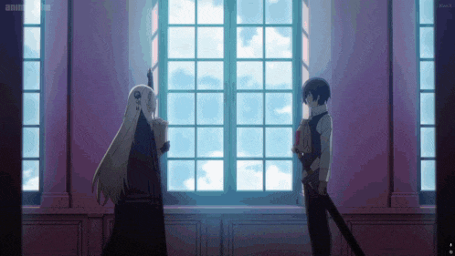 a man and a woman standing next to each other in front of a window with the word anime on the bottom
