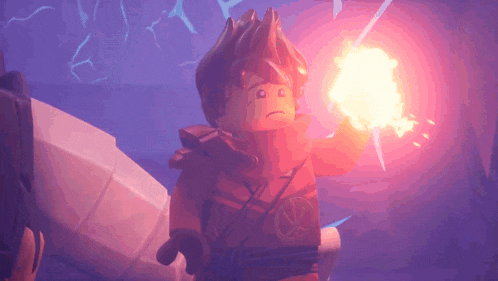 a lego character is holding a fire in his hand