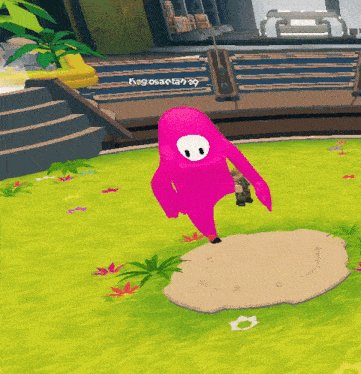 a pink cartoon character is standing on a rock in a video game with the name negosaeta on the bottom right