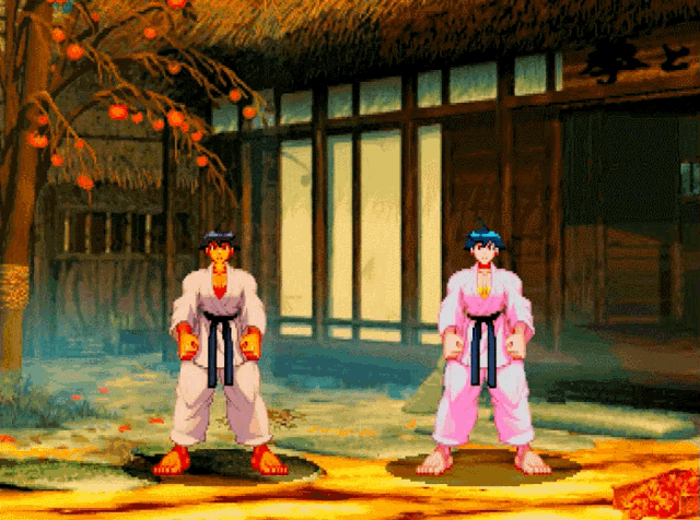 two karate fighters standing in front of a building