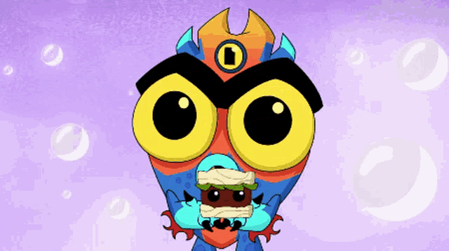 a cartoon of a monster with a sandwich in its mouth